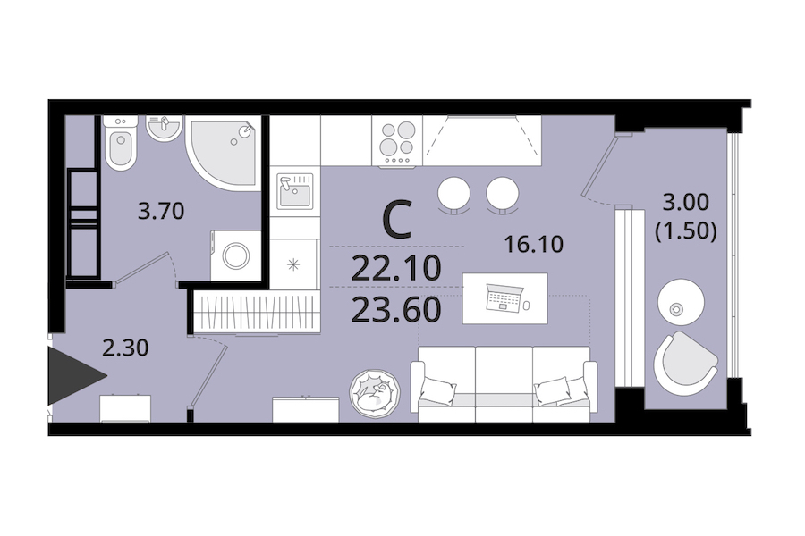 Квартира студия 23.6 м², 11/13 эт., ЖК «Тайм Сквер»